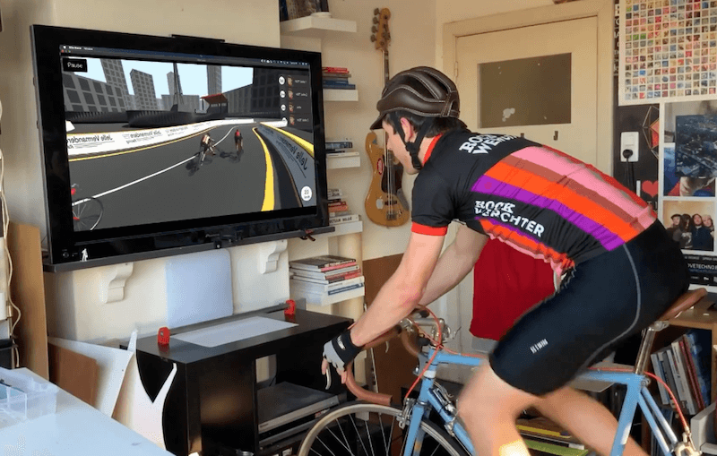 This cycling game is controlled by a real bike