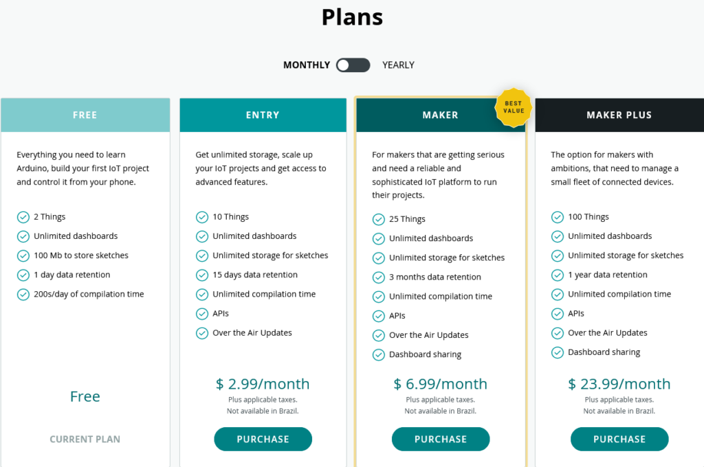 Choose Arduino Cloud Plan