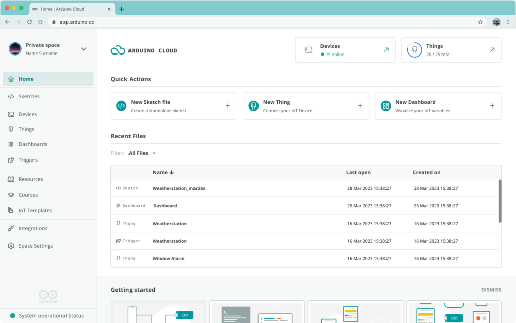 Arduino Cloud new user interface showing a sleek left navigation bar